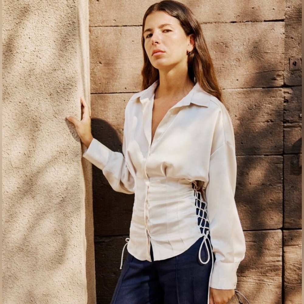 BNWT ZARA FITTED SATIN EFFECT DRAWSTRING SHIRT SOFT GOLD - REF. 8445/845 S